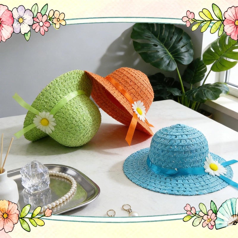 Vafon 6Sets Girls Tea Party Straw Sun Hat and Purse Sets Kids Child Birthdays Easter Party Daisy Flower Sunflower Summer Beach Cap Travel Gift Assorted Colors (6Color) - Image 3